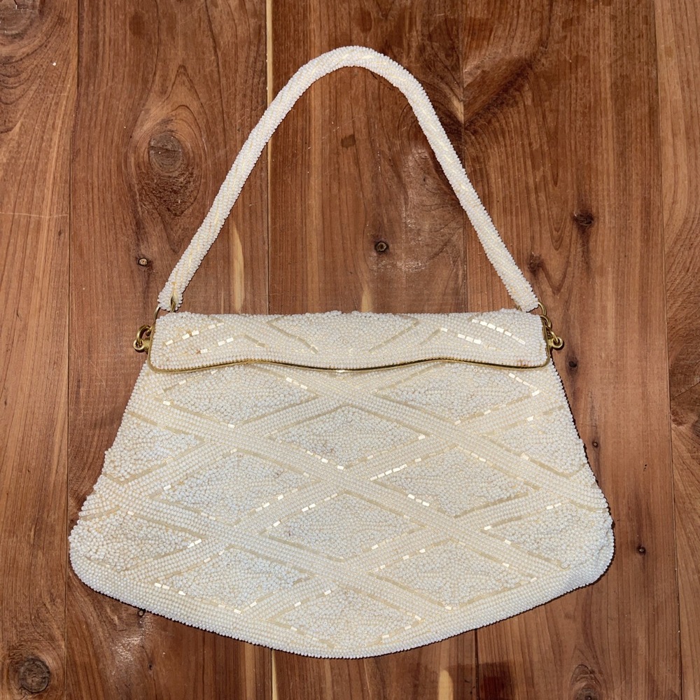 VTG Ladies Beaded White Handbag Evening Handmade Mr.John Japan Wedding Bridal